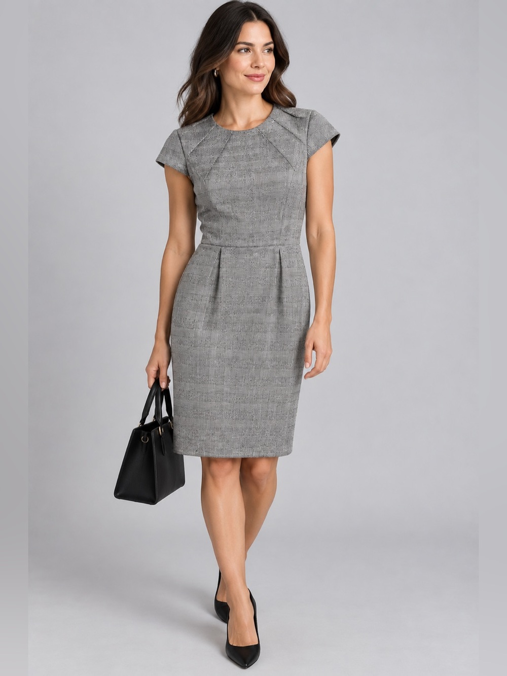 H&M Gray Black Glen Plaid Cap Sleeve Sheath Work Dress Size 6